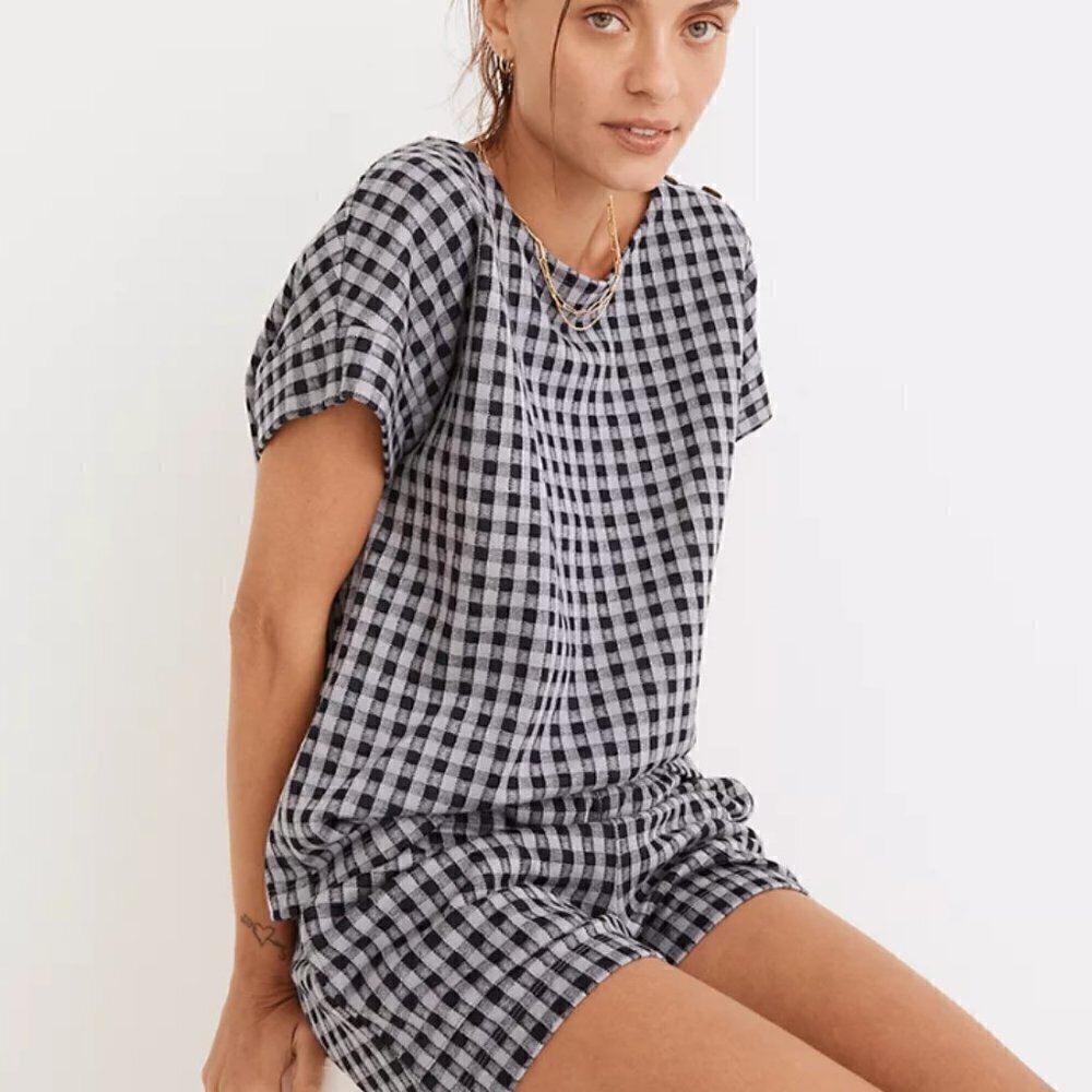 Madewell gingham knit seersucker button shoulder top size S